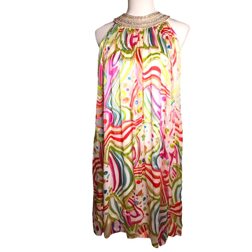 La Femme Paris Silk Rhinestone Faux Pearl Retro tent Dress Colorful Swirls 10 - Picture 2 of 12